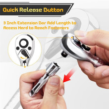 Stubby Ratchet Set-3/8In Drive Ratchet Handle with Extension Bars,72-T Reversible Quick Release   Ratchet Wrench