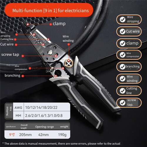 9 in 1 Wire Stripper Tool, 8inch Wire Cutting Tool for Wire Stripping Cutting with Wire Splitting and Winding Function 2
