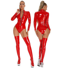 (Red, XL) Sexy Wet Look Pvc Latex Catsuit Long Sleeve Front Zipper Bodysuit Pole Dance Clubwear Pu Leather Body Shirts Tops With Stocking