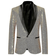 (Gold, M) Mens Fashion Sequin Casual Blazer Wediing Celebration Suit Jacket