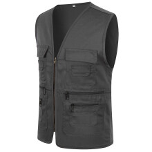 (Dark Grey, L) Men Multi-pocket Utility Vest Fishing Waistcoat Hiking Gilet Jacket Coat