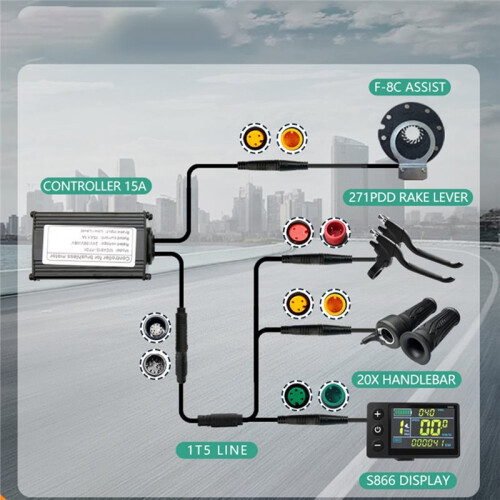 Three-Mode Ebike Sine Wave Controller 15A 36V/48/52V with S866 LCD Color Display Electric Bike Motor Conversion Kit 1