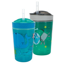 NUBY Todo en Uno Tazón para Snacks y Taza con Sorbete Sin Derrames - 2 Paquete Animales Oceánicos & Perros Verdes