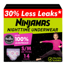 Ninjamas Piger Bedwetting Natundertøj - Størrelse S/M (38-70 lbs), 14 Stk, Natbeskyttelse, Ultra Absorberende