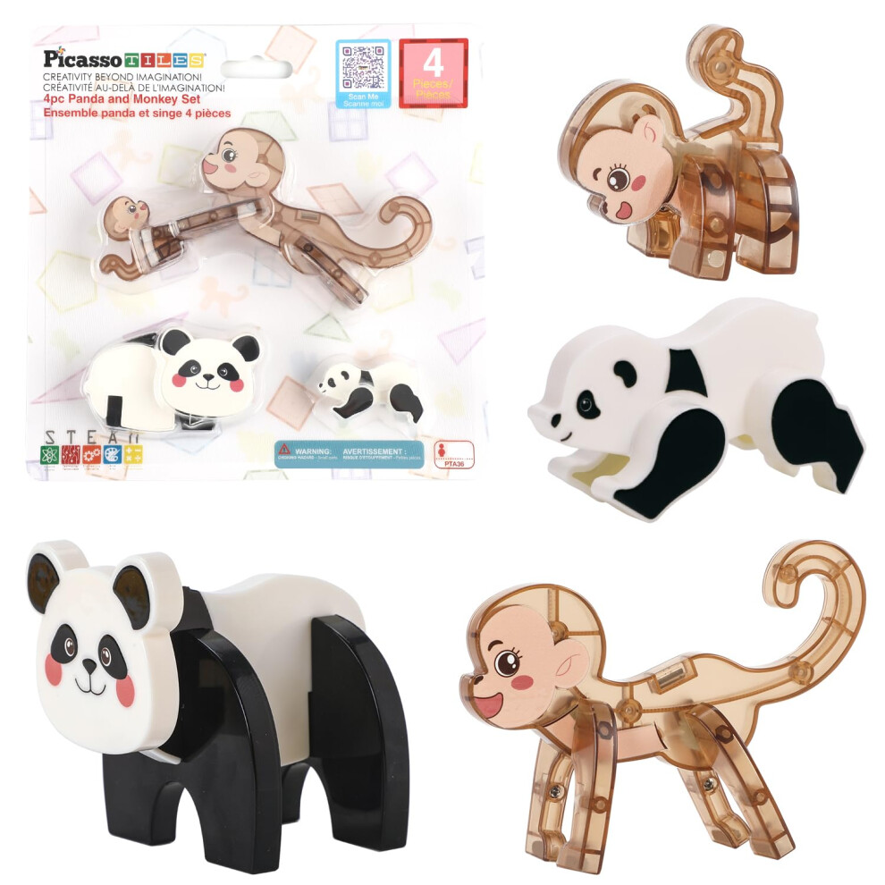 Photos - Construction Toy PicassoTiles Magnetic Build a Panda & Monkey Set Magnet Tile Blocks Add-on Expansion Pack, with Panda, Cub, Monkey & Baby Mo