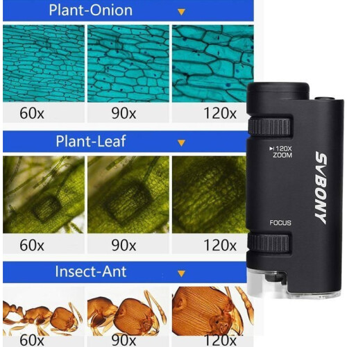 Svbony SV603 Portable Microscope with LED Light, 60x-120x Mini Handheld Aspheric Microscope with Battery, Pocket Microscope 1