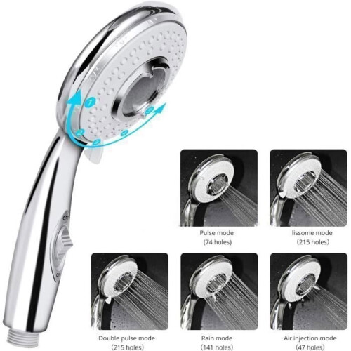 Shower Head + 2M Flexible Shower Hose, Shower Head with Hose, 5 Water Saving Modes and Switch Button 1