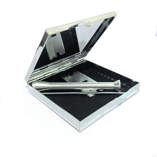 Deluxe Silver snorter box kit = mirror, vial, tube 1