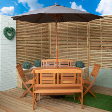 Outdoor 6 Person Folding Rectangular Wooden Garden Dining Table Chairs and 2 Benches Grey Parasol and Base set