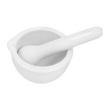 recipiente porcelana con varilla molienda para laboratorio blanco