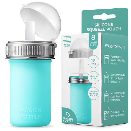 Mason Bottle Bolsa de Silicona 8oz con Pajilla - Reutilizable para Comida y Snacks de Bebé