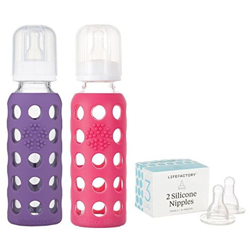 Lifefactory 9oz Glas Babyflaske 2pk Bundle med 2 Stage 3 Nippel (Druer/Raspberry)