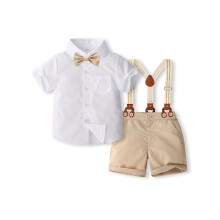 (5 Years, White) Ensemble 2 pièces pour petit garçon, chemise à manches courtes unie et short à bretelles, tenue de gentleman
