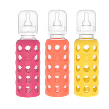 Lifefactory Glazen Flessen voor Baby met Silicone Bescherming - 3-Pack, 9 oz Flessen, (1- Framboos, 1- Papaya & 1- Mango)