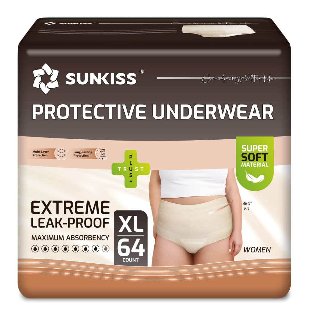 Sunkiss Beige Women Incontinence Underwear, Daytime Disposable Postpartum Adult Panties, Protective Pull Ups With Maximum Absorbency, Xlarge, 64 Coun