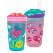 NUBY All-in-One Snack Kom en Geen Gemor Soft Straw Beker - 2 Pack Roze Vlinders & Aqua Vruchten