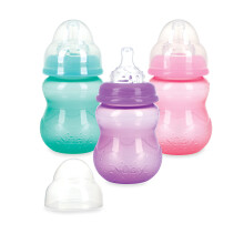 Nuby Wide Neck Non-Drip Fles - Baby Flessen met Anti-Colic Vari-Flo Ventiel - (3-Pack) 8 Oz - 0+ Maanden - Aqua, Roze, Paars