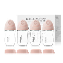 Gulicola Biberones de Vidrio Naturales 4 Pack, Set de Biberones para Lactancia, Tetinas de Flujo Extra Lento (SS), Anticolicos, 0 Meses+, 5 oz - Rosa