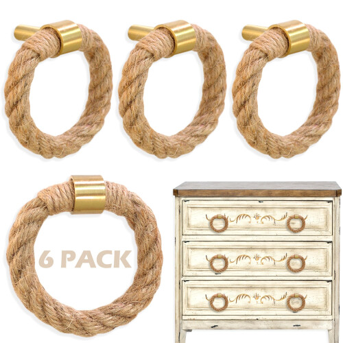 QNNEFF 6PCS Nautical Jute Rope Drawer Pulls Brass Dresser Knobs Rustic Handles