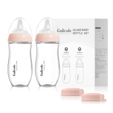Botella de vidrio natural Gulicola para bebés alimentados con pecho, set anti-cólico con tetina de flujo medio, 3 meses+, 8 oz, 2 unidades - Rosa