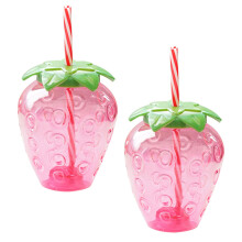 2 gobelets transparents PP avec couvercle et paille, motif fraise
