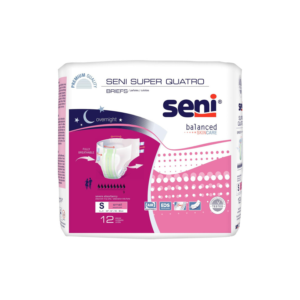 Seni Super Quatro Adult Incontinence Brief S Heavy Absorbency Breathable/Overnight, S-Sm12-Bq1, Severe, 48 Ct