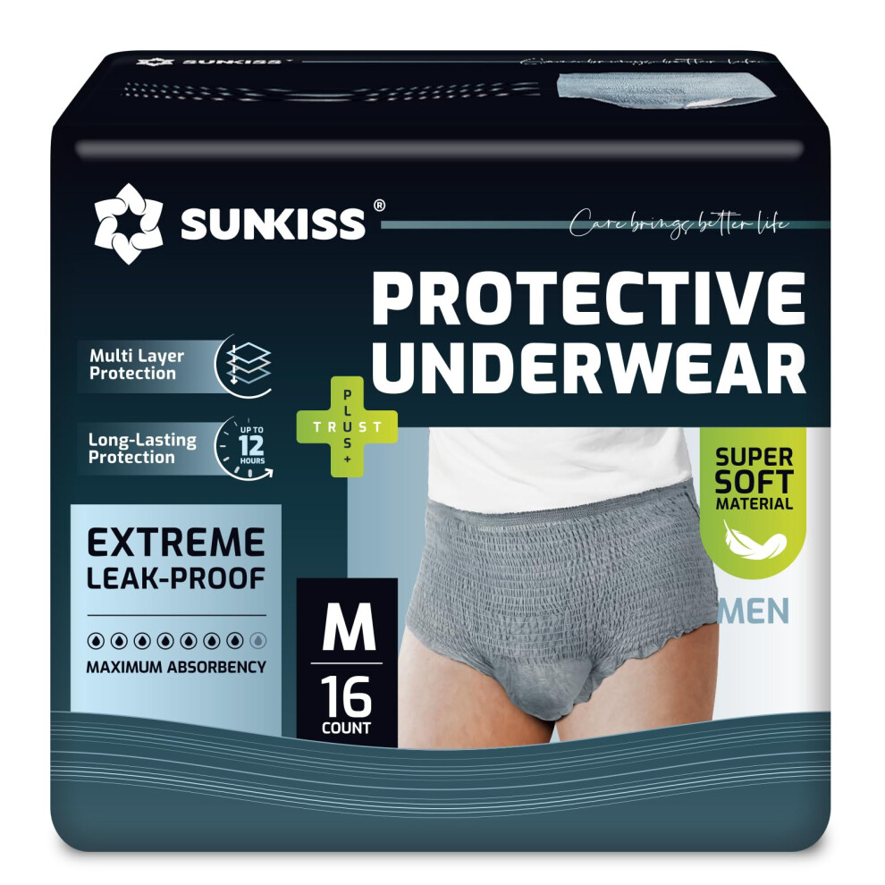Sunkiss Grey Incontinence Underwear For Men, Daytime Disposable Adult Pull Ups, Mens Protective Briefs With Maximum Absorbency, Medium, 16 Count