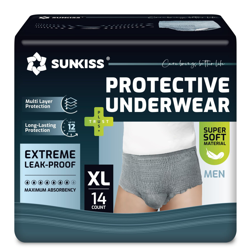 Sunkiss Grey Incontinence Underwear For Men, Daytime Disposable Adult Pull Ups, Mens Protective Briefs With Maximum Absorbency, Xlarge, 14 Count