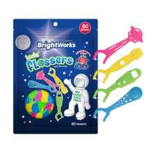 BrightWorks Kids Fun Space Flossers, Mixed Berry Flavor Fluoride [240 Floss Picks Total] Colorful Space Shapes: Astronaut, Rocketship, UFO, Earth. 100