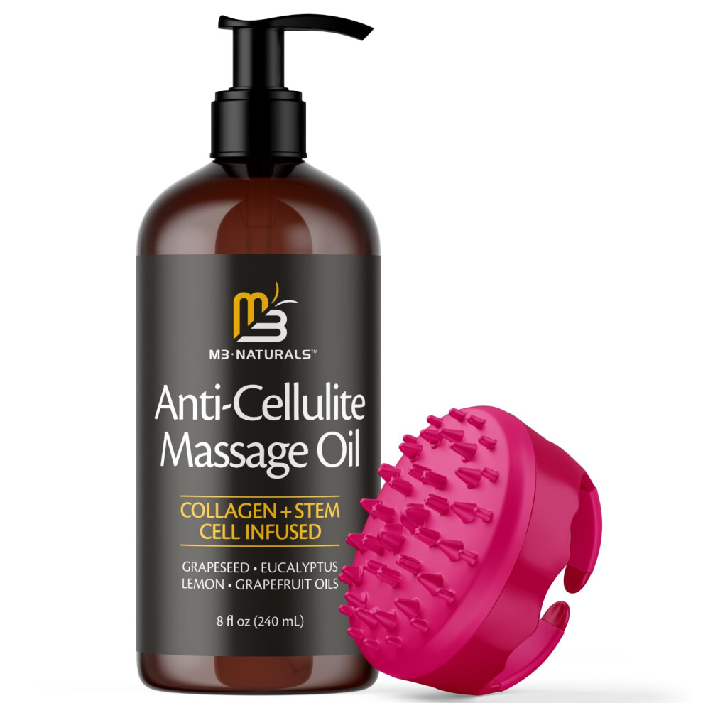 M3 Naturals Anti Cellulite Oil And Silicone Body Brush - Collagen And Stem Cell Skin Tightening Formula For Smoothing And Firming - 8 Fl Oz