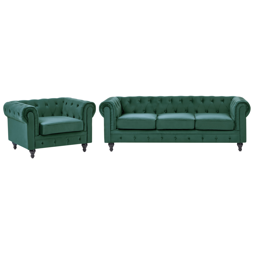 Living Room Set 4 Seater CHESTERFIELD Velvet Emerald Green