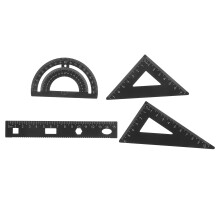zestaw 4 metalowych linijek z kątomierzem, trójkątna płytka, czarna