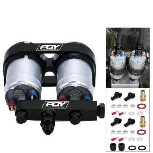 2x 044 High Flow External Fuel Pump + Dual Bracket & Out Manifold AN8 1