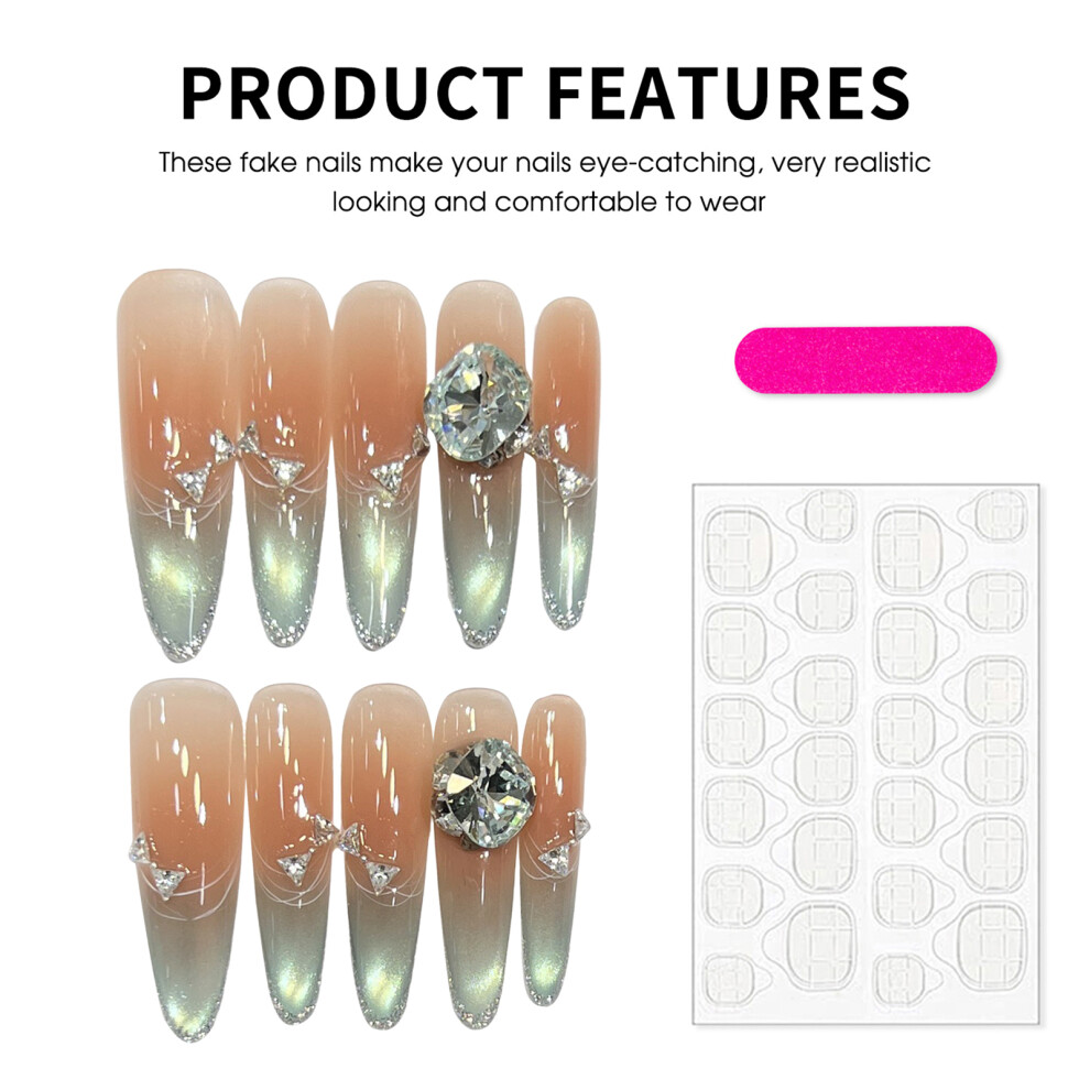 Bright-Home (Xs) 10Pcs Press On Nail Long Almond Fake Nails Shiny Glitter With Rhinestone Artificial Nails For Fingernail Diy Decoration