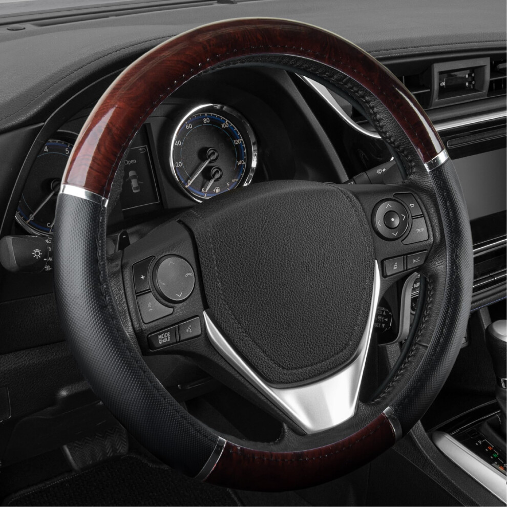 Bdk Wood Car Steering Wheel Cover, Standard 15 Inch With Faux Leather Grip, Made To Fit Most Auto Truck Van Suv Dark/Grain/Black 826942146909