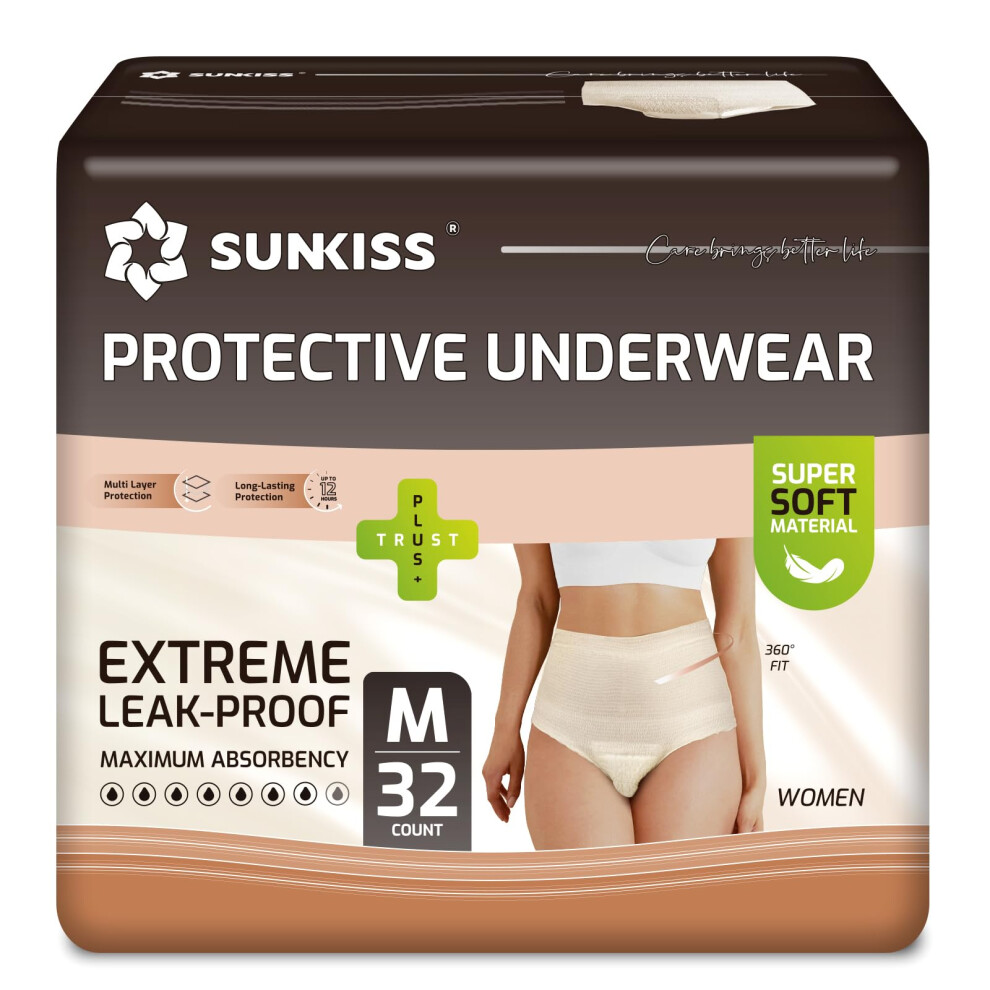 Sunkiss Beige Women Incontinence Underwear, Daytime Disposable Postpartum Adult Panties, Protective Pull Ups With Maximum Absorbency, Medium, 32 Coun