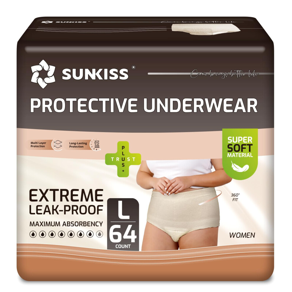 Sunkiss Beige Women Incontinence Underwear, Daytime Disposable Postpartum Adult Panties, Protective Pull Ups With Maximum Absorbency, Large, 64 Count