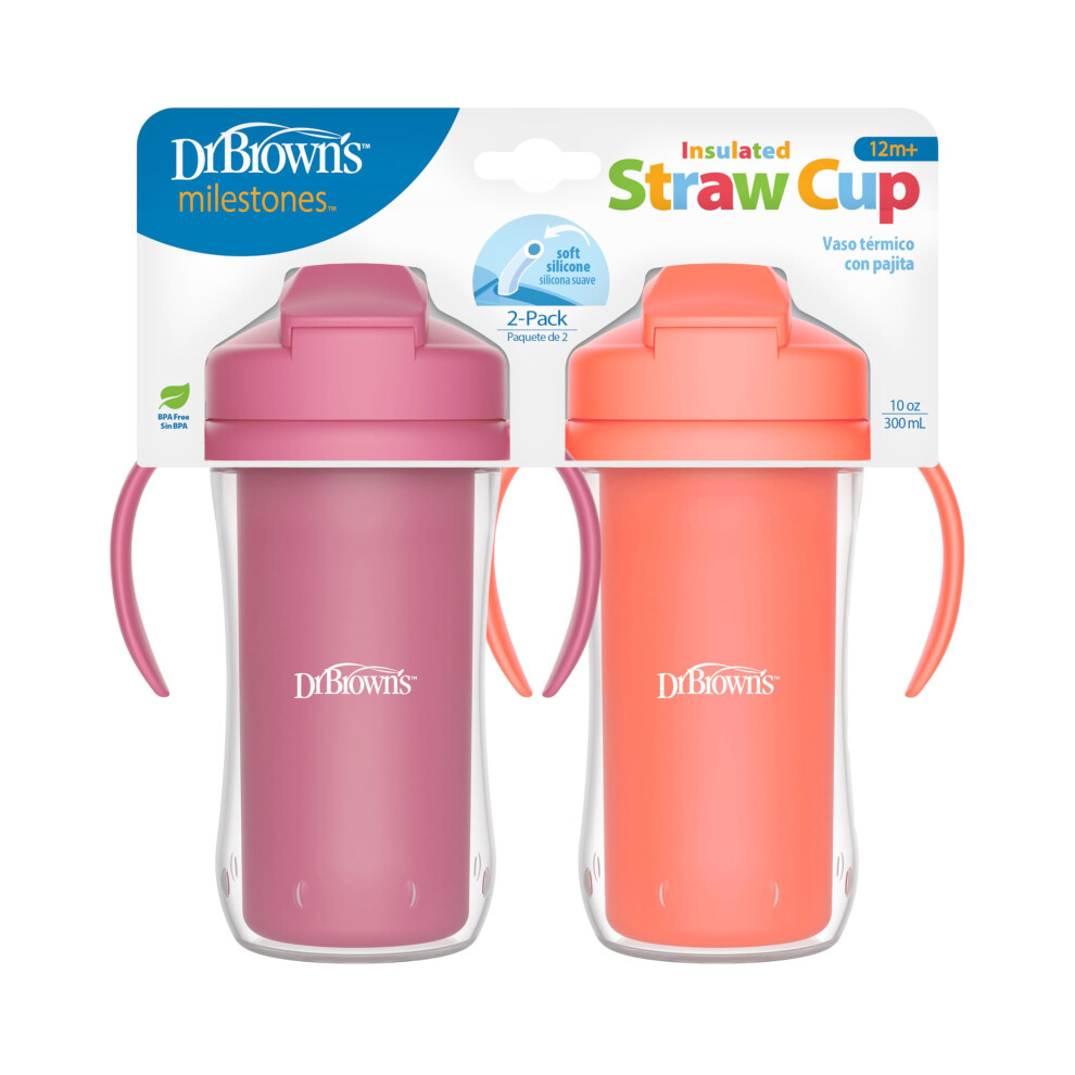 Dr. Brown's Brown/Pink Dr. 'S Milestones Insulated Sippy Cup With Straw And Handles, Spill-Proof Tumbler With Lid, 2-Pack, 10 Oz/300 Ml, Bpa Free, 12M+