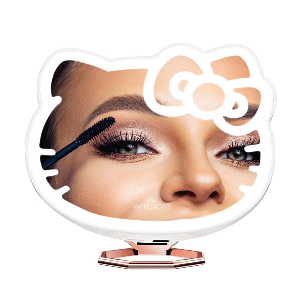 Impressions Vanity Hello Kitty 3X Magnifying Pocket Mirror With Stand, Adjustable Brightness Daylight Led Lighted Compact Makeup Mirror For Desk, Trav