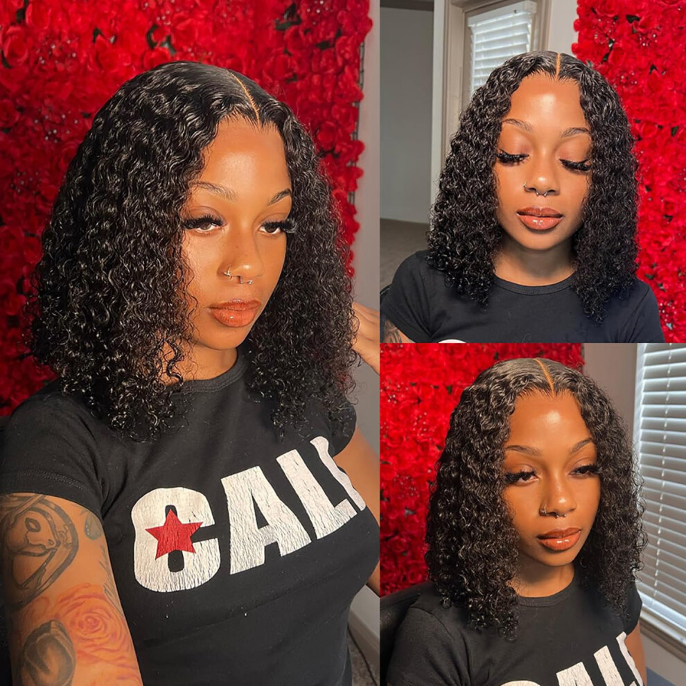 Tascal Curly Bob Wig Human Hair 4X4 Lace Closure Wigs Human Hair Curly Human Hair Wig 180% Density Wet And Wavy Short Curly Wigs For Black Women(Natur