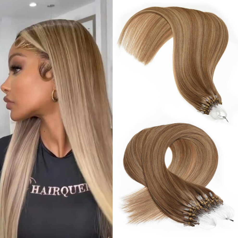 Kpvxxve Unisex Brown Microlink Hair Extensions Human Hair 18 Inch Ombre Micro Loop Hair Extensions Real Human Hair #8/18 Ash With Blonde 50G 1G/S Microbead H