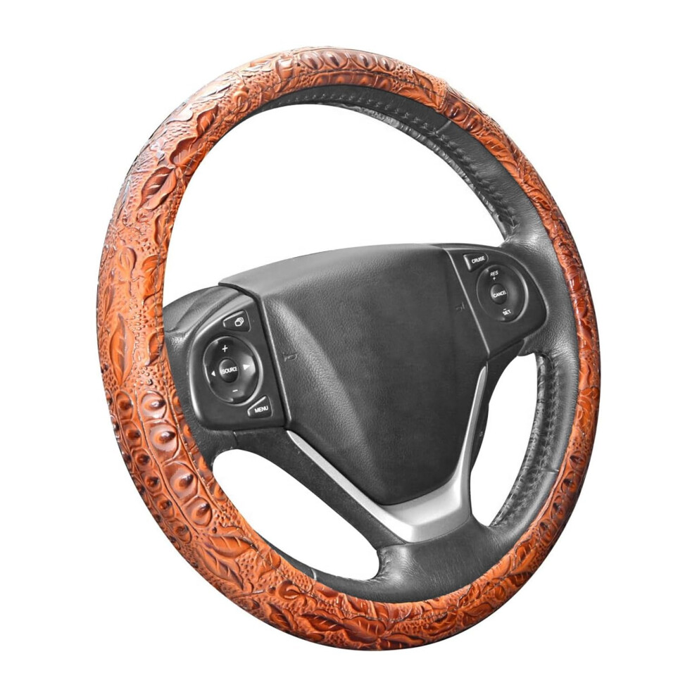 Zyhw Car Steering Wheel Cover Universal 15 Inch Auto Antislip Leather Protector Flower Grain/Brown 712755504954