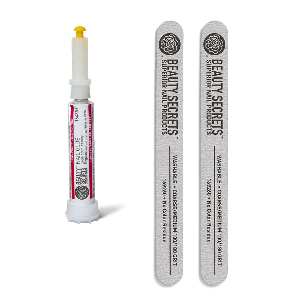 Beauty Secrets Drip & Clog Proof Nail Glue Bundled With Zebra Cushion Nail File Medium Coarse 180/100 Grit (2 Pack) By