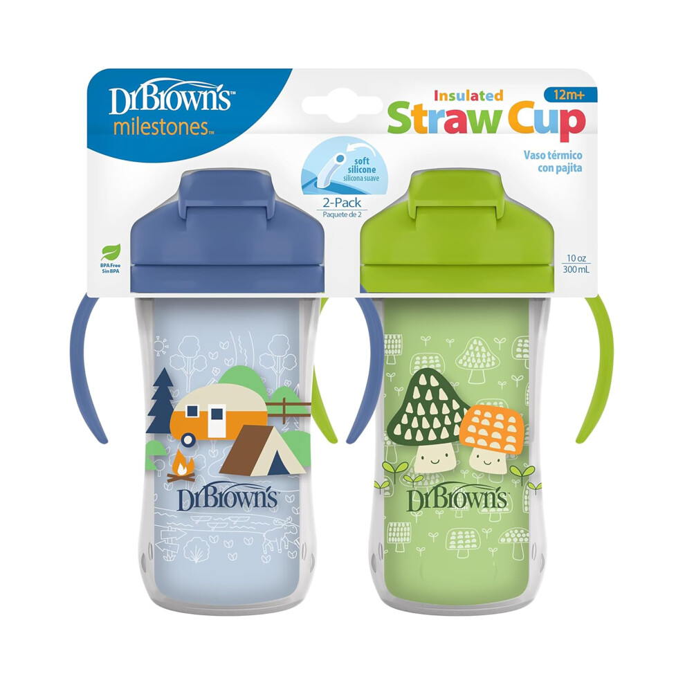 Dr. Brown's Brown/Blue/Green Dr. 'S Milestones Insulated Sippy Cup With Straw And Handles, Spill-Proof Tumbler With Lid, 2-Pack, & 10 Oz/300 Ml, Bpa Free, 12M+
