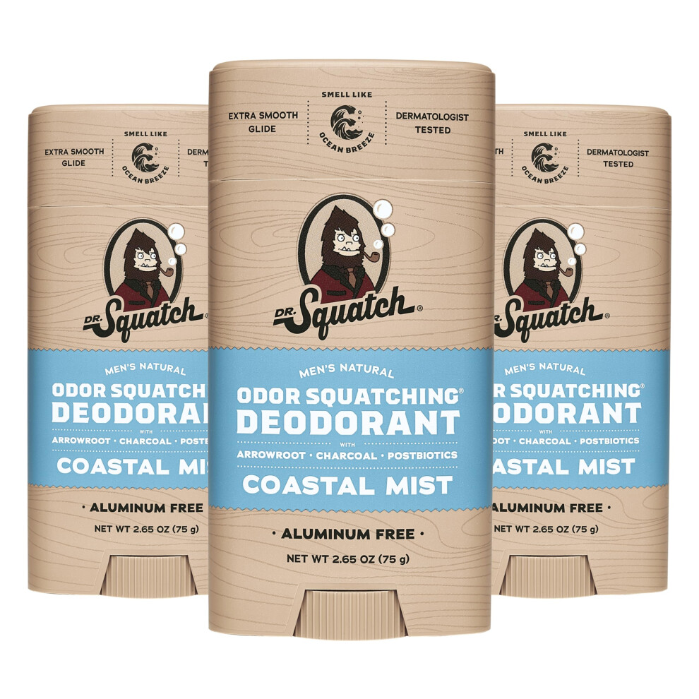 Dr. Squatch Natural Deodorant For Men - Odor-Squatching Aluminum Free - Coastal Mist (2.65 Oz, 3-Pack)