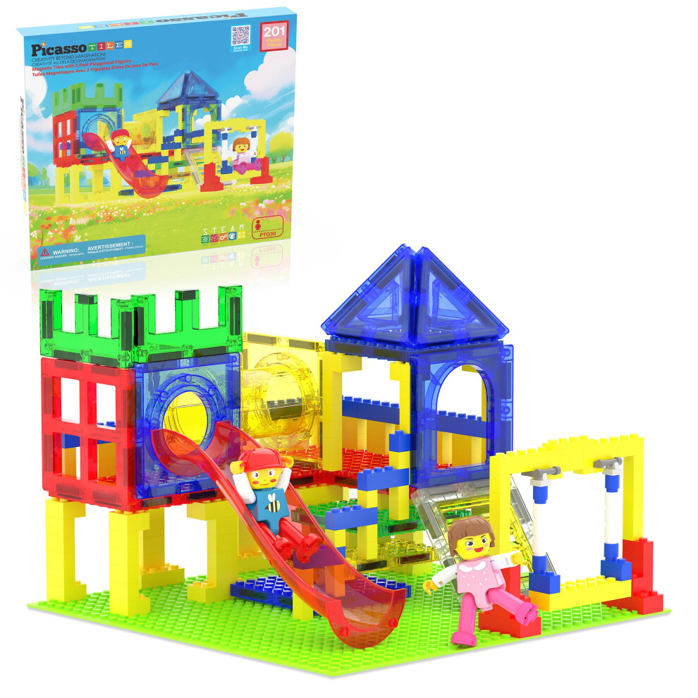 Photos - Construction Toy PicassoTiles Magnetic Tiles Slide & Swing Playground Building Block with 2 Character Action Figures Magnet Tile Construction