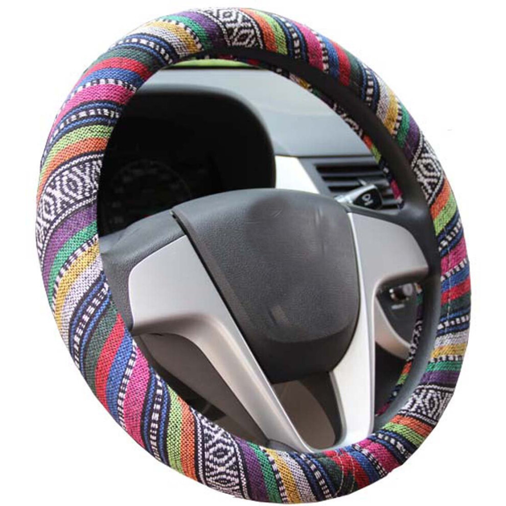 Istn Medium Ethnic Style Coarse Flax Cloth Automotive Steering Wheel Cover Anti Slip And Sweat Absorption Auto Car Wrap Cover (14.5''-15'',B) 683885022857