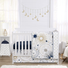 Sweet Jojo Designs Star & Moon Baby Crib Bedding Set - 4 Pieces - Navy Blue, Gold, Grey