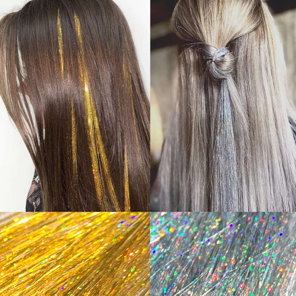 Leileixi Unisex Silver,Gold Shining Gold And Silver Hair Tinsel, 47 Inch 800 Strands Sparkle Hair Heat-Resistant Tinsel Hair Extensions, Sparkling Shiny Hair Tinsel Strands For H