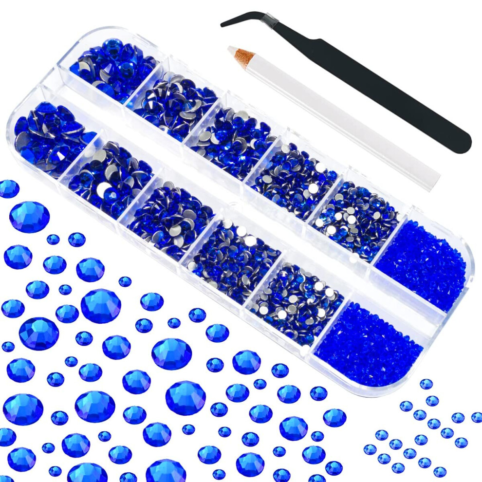 Qiipii 4010Pcs Blue Rhinestones Sapphire Blue Nail Rhinestones Flatback Stones K9 Glass Royal Blue Nail Gems Crystals Nail Charms Nail Art Kit 6 Sizes(1.6-6.